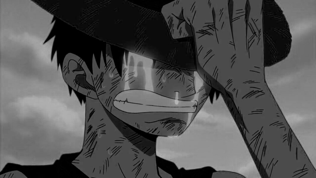 Luffy de One Piece Llorando en blanco y negro