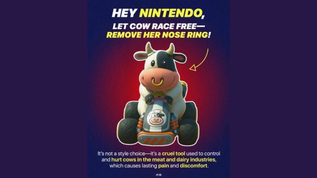 ¡PETA pide a Nintendo eliminar el anillo nasal de la vaca en Mario Kart World! Petición PETA a NINTENDO-Personaje de la vaca
