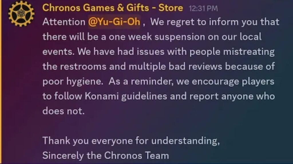 Suspenden torneos de Yu-Gi-Oh! por problemas de higiene entre los participantes Comunicado-Chronos Games & Gifts-Store